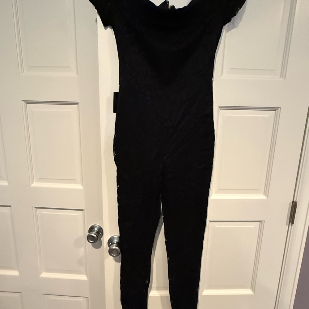 bebe Black Lace-Trim Jumpsuit